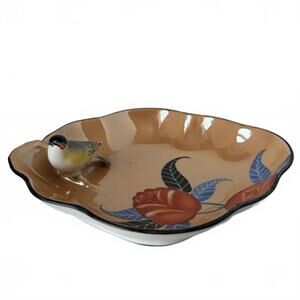 Antique Noritake lusterware decorative dish with molded bird and floral motif.